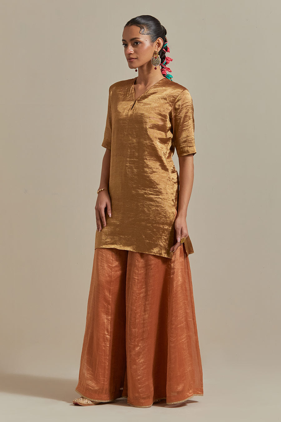 Saffron Brown Gold Zari Silk Sharara Set (Set Of 3)
