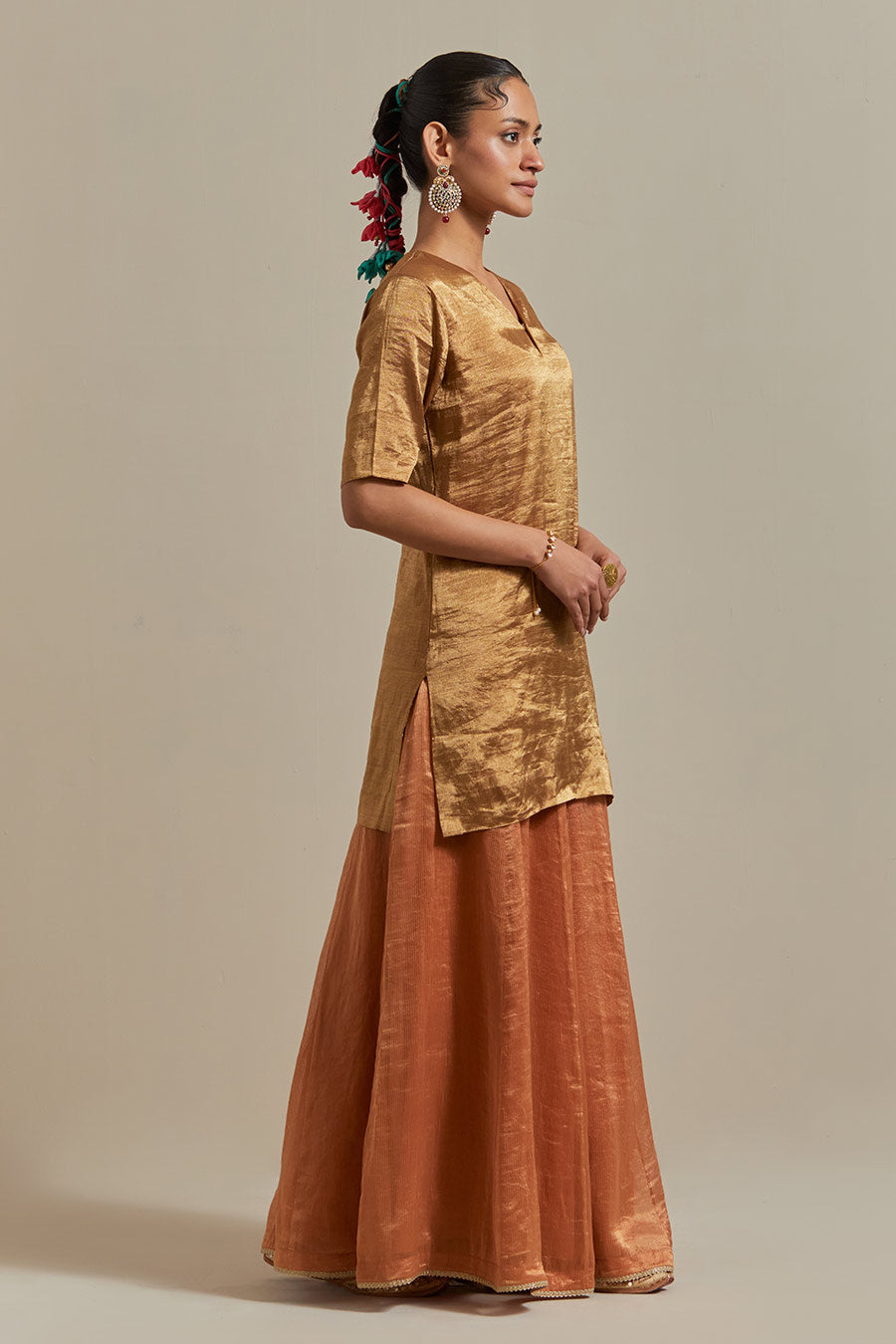Saffron Brown Gold Zari Silk Sharara Set (Set Of 3)