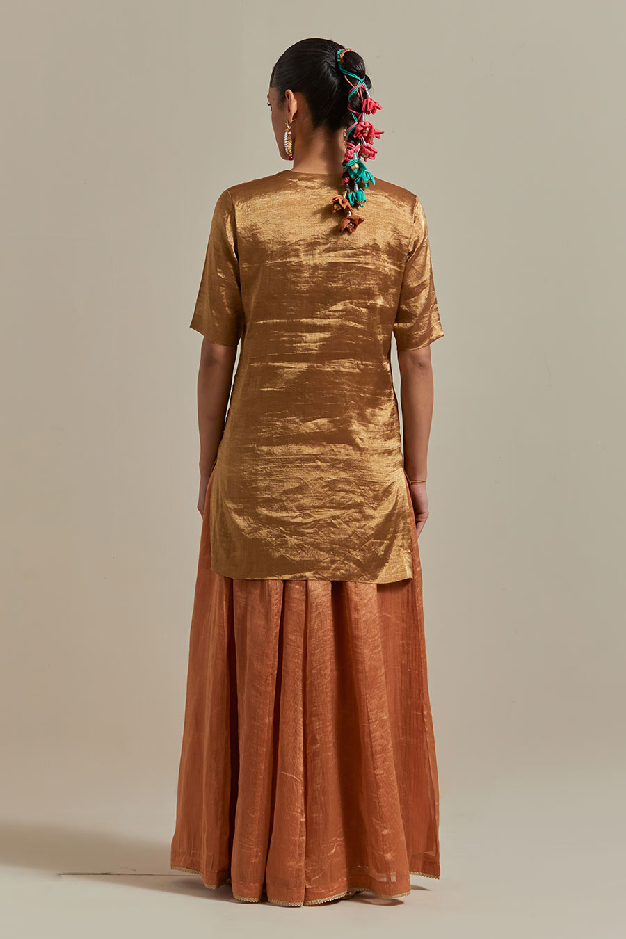 Saffron Brown Gold Zari Silk Sharara Set (Set Of 3)