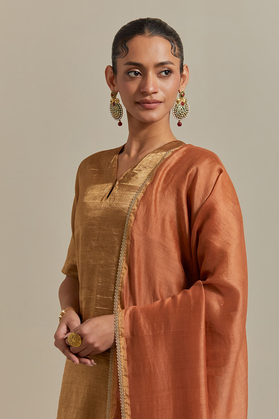 Saffron Brown Gold Zari Silk Sharara Set (Set Of 3)