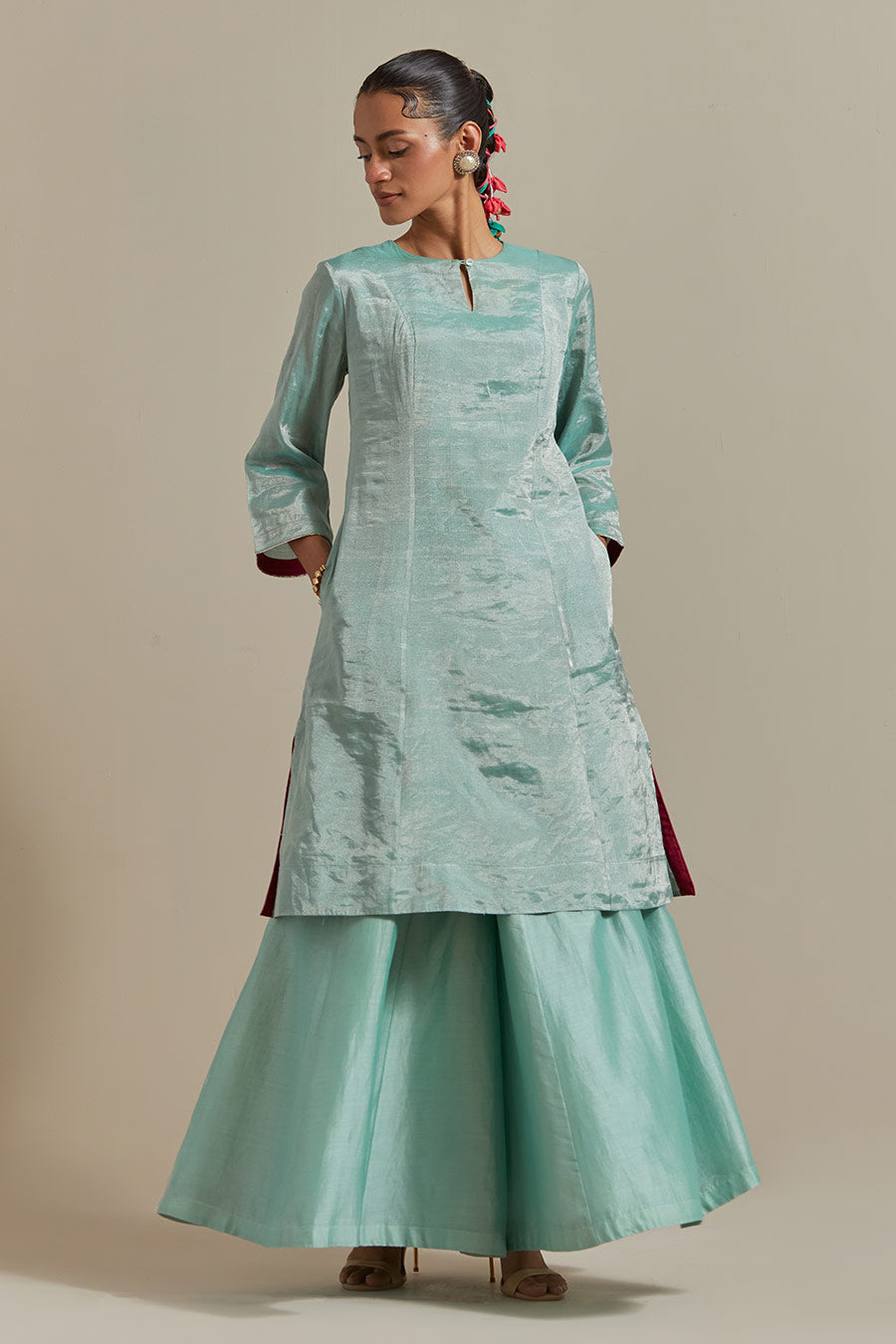 Mint Green Zari Silk Kurta Set (Set Of 3)