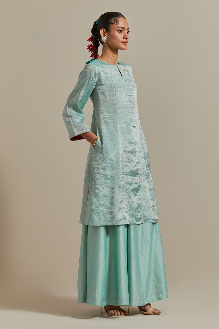 Mint Green Zari Silk Kurta Set (Set Of 3)