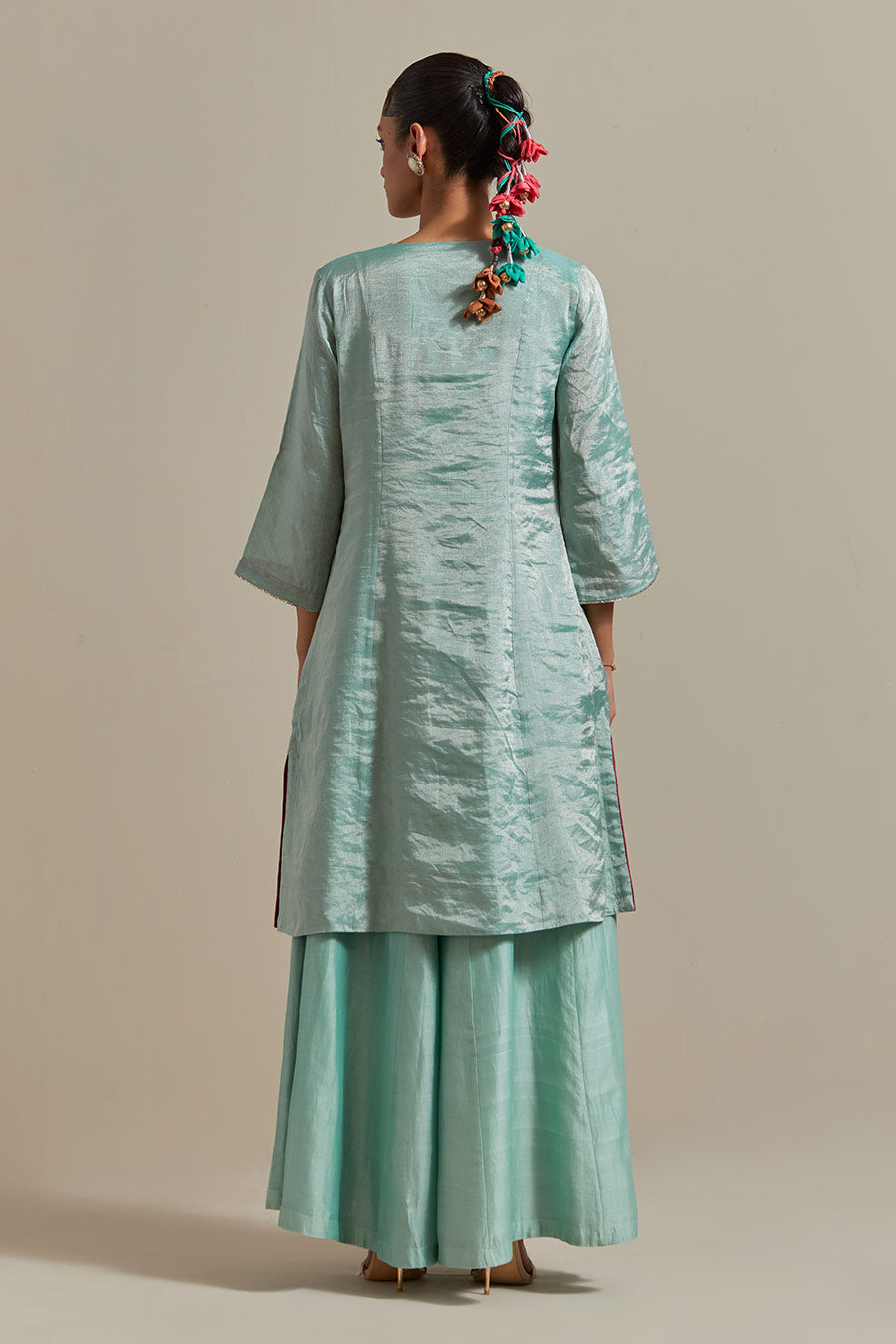 Mint Green Zari Silk Kurta Set (Set Of 3)