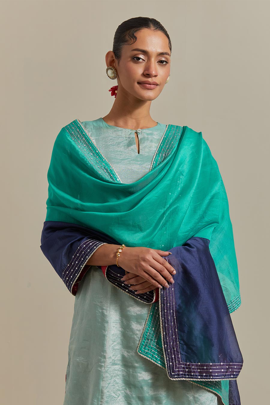 Mint Green Zari Silk Kurta Set (Set Of 3)