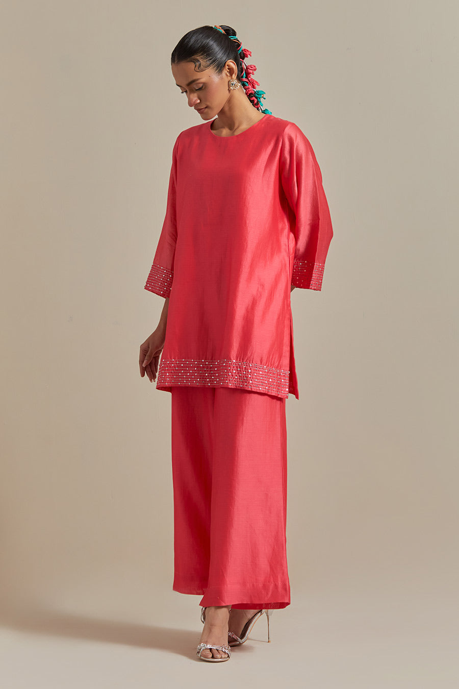 Pink Embroidered Chanderi Short Kurta & Pant Set (Set Of 2)