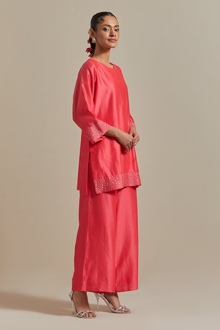 Pink Embroidered Chanderi Short Kurta & Pant Set (Set Of 2)