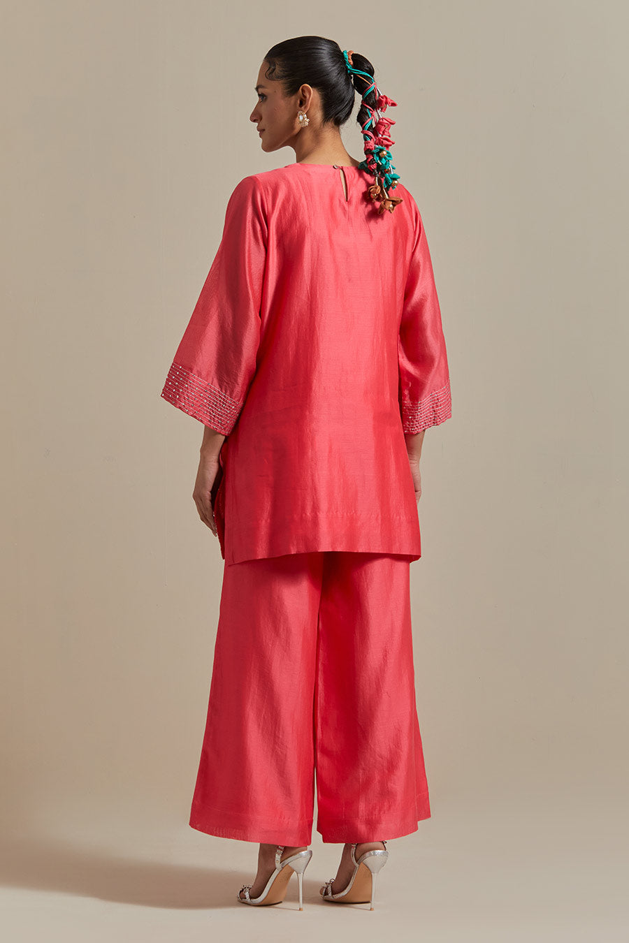 Pink Embroidered Chanderi Short Kurta & Pant Set (Set Of 2)