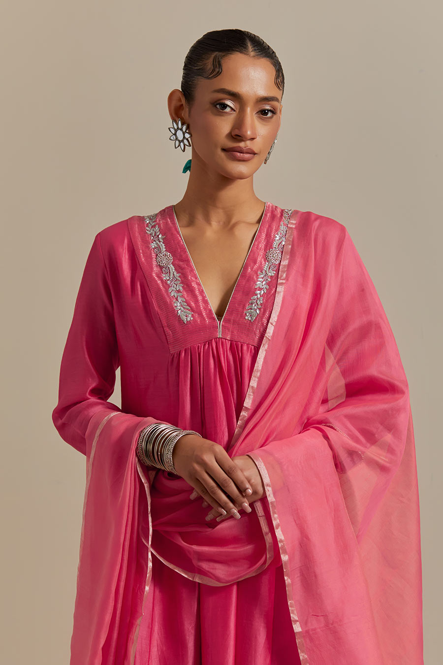 Pink Embroidered Chanderi Kurta Set (Set Of 3)