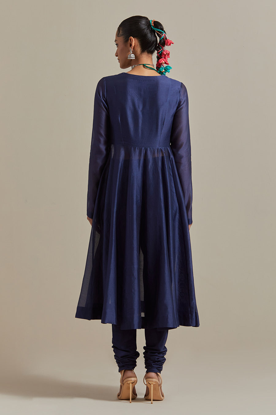 Blue Embroidered Chanderi Anarkali Kurta Set (Set Of 3)