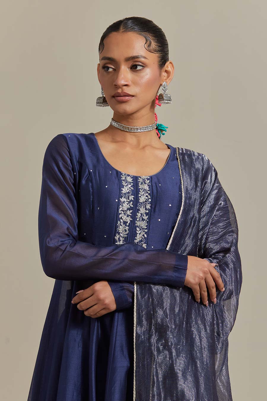 Blue Embroidered Chanderi Anarkali Kurta Set (Set Of 3)