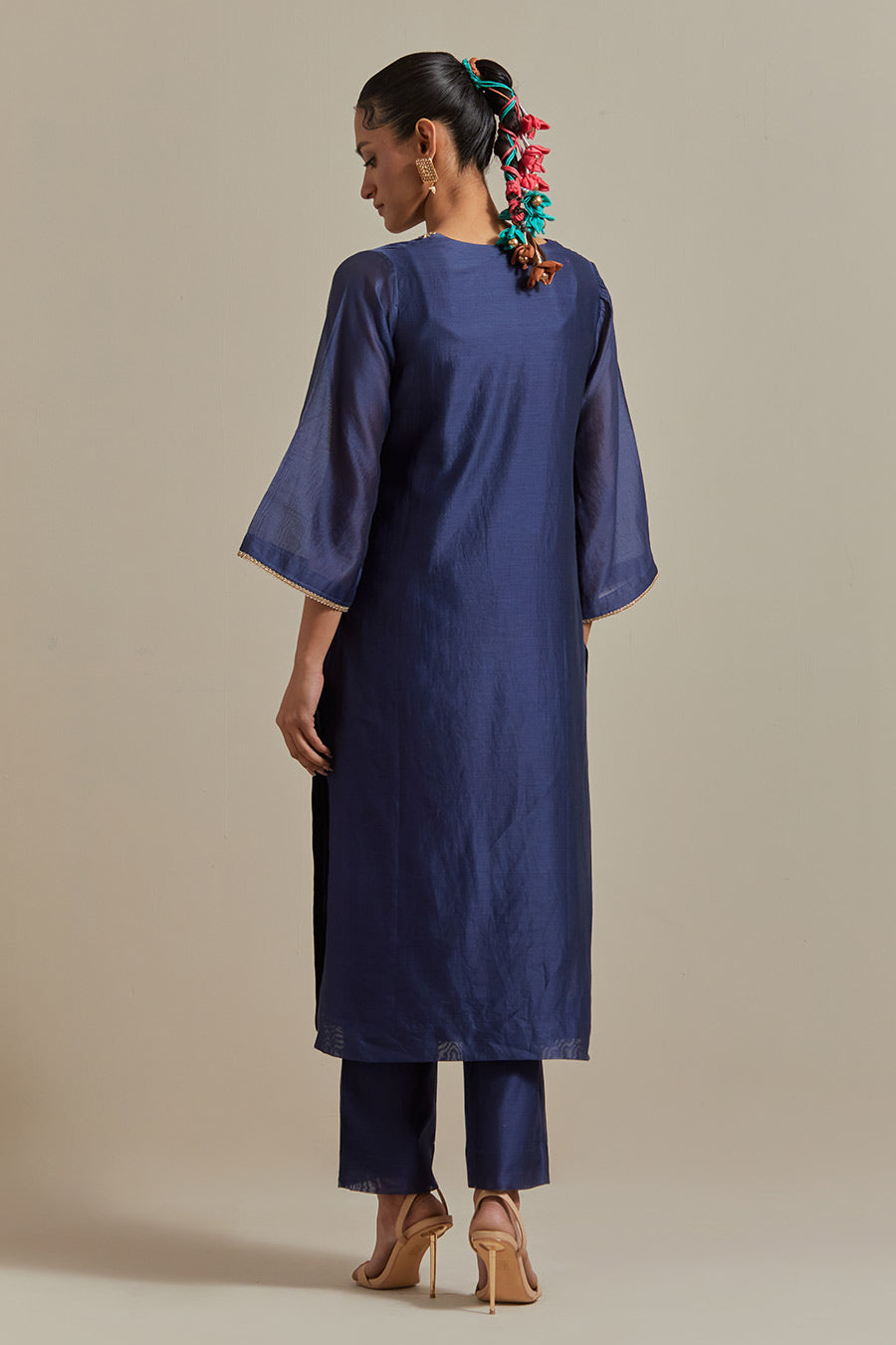 Blue Embroidered Straight Kurta Set (Set Of 3)