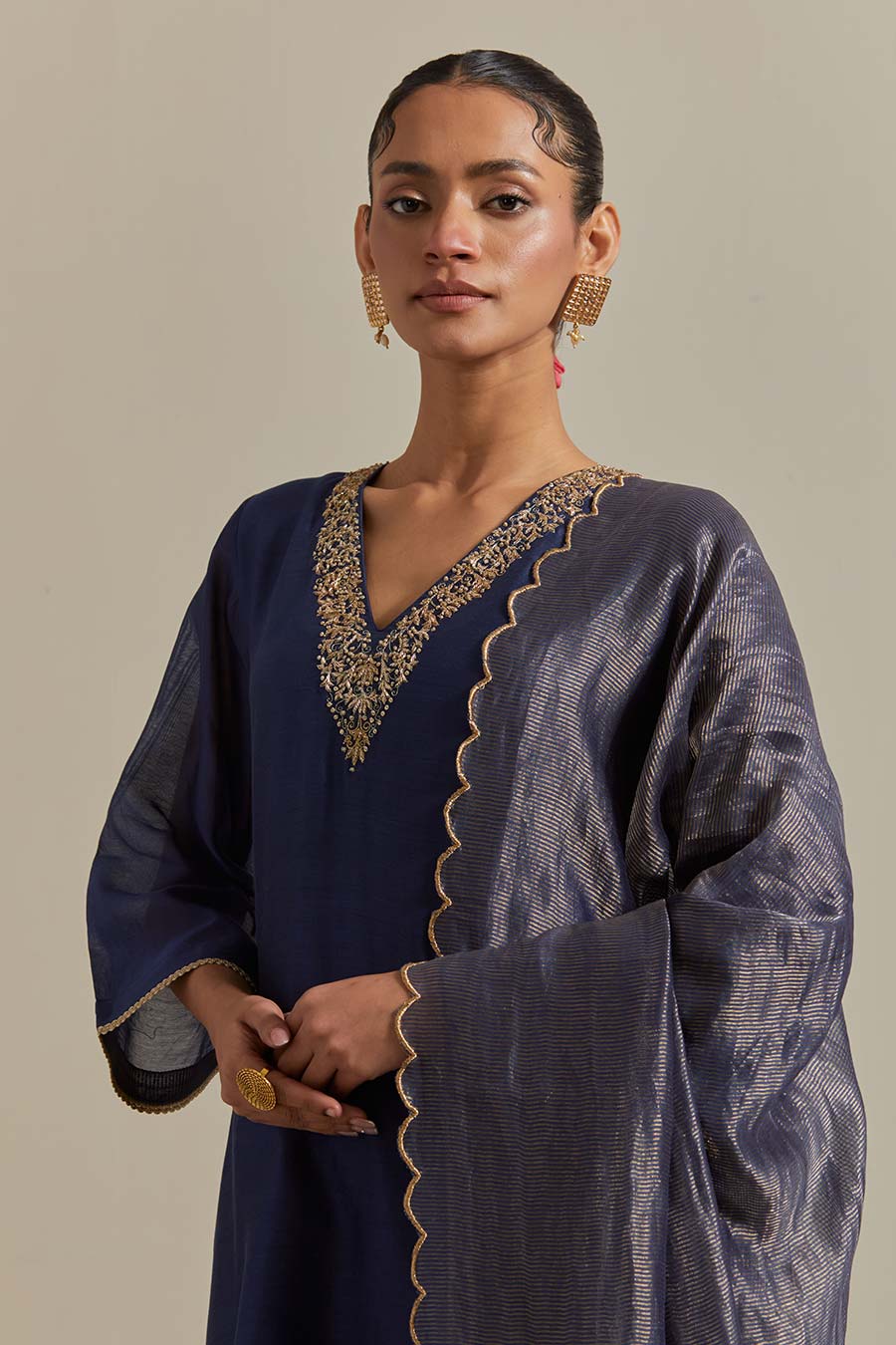 Blue Embroidered Straight Kurta Set (Set Of 3)