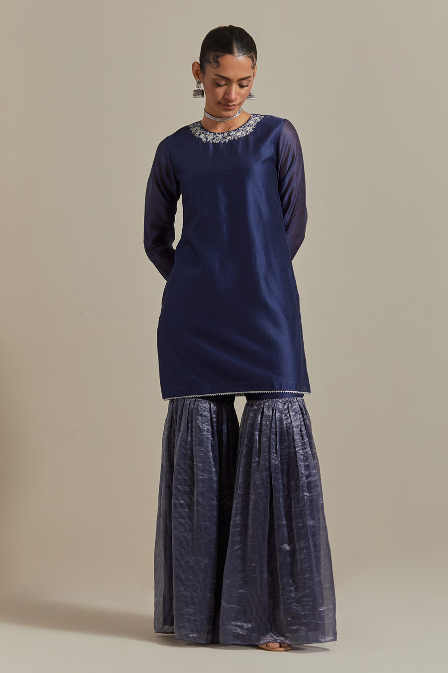 Blue Embroidered Chanderi Gharara Set (Set Of 3)