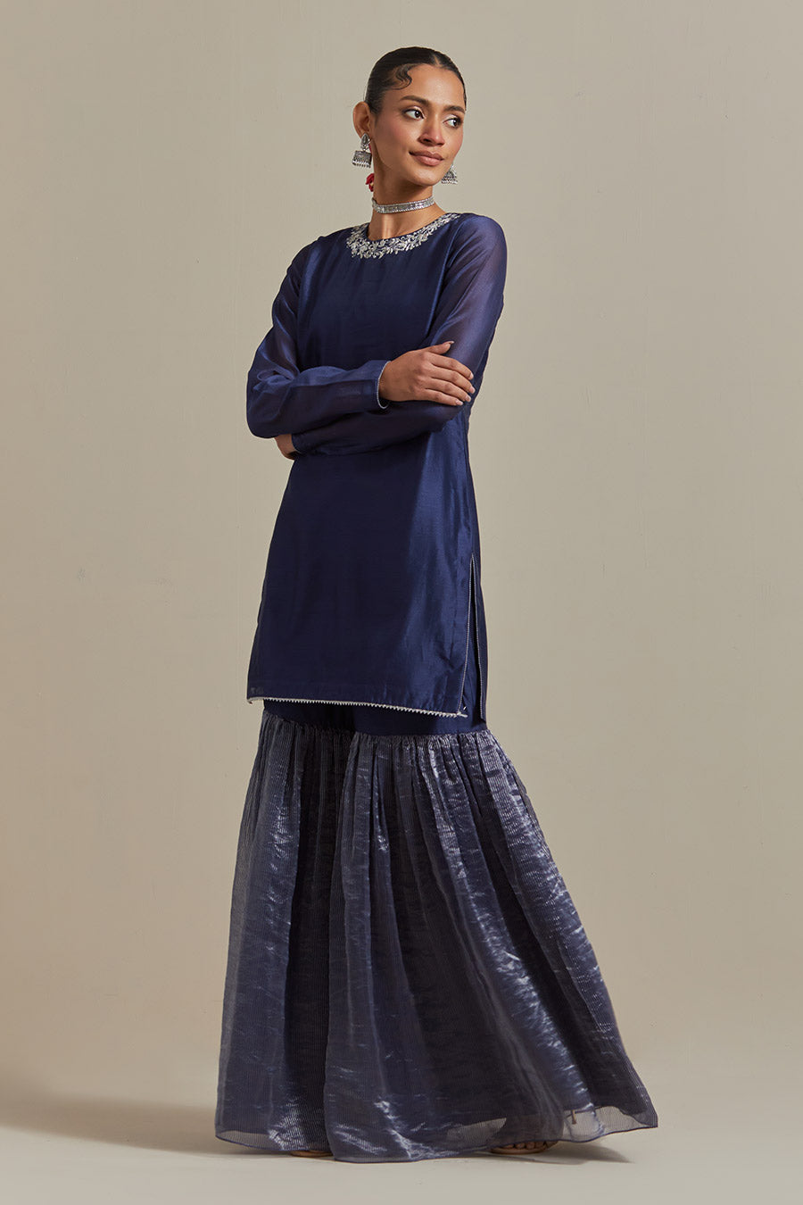 Blue Embroidered Chanderi Gharara Set (Set Of 3)