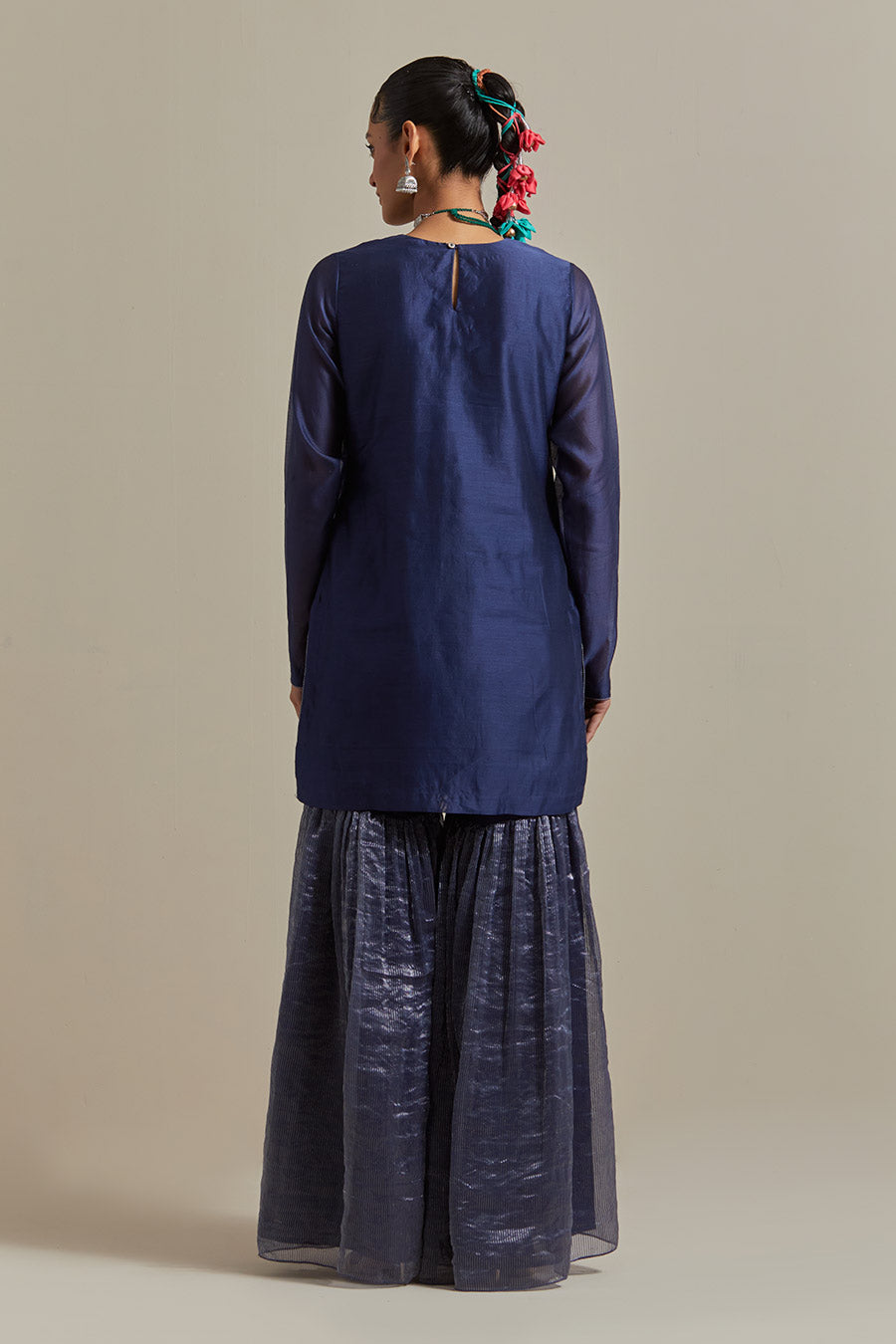 Blue Embroidered Chanderi Gharara Set (Set Of 3)