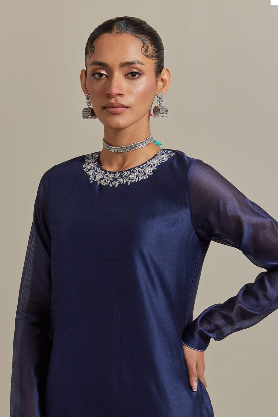 Blue Embroidered Chanderi Gharara Set (Set Of 3)