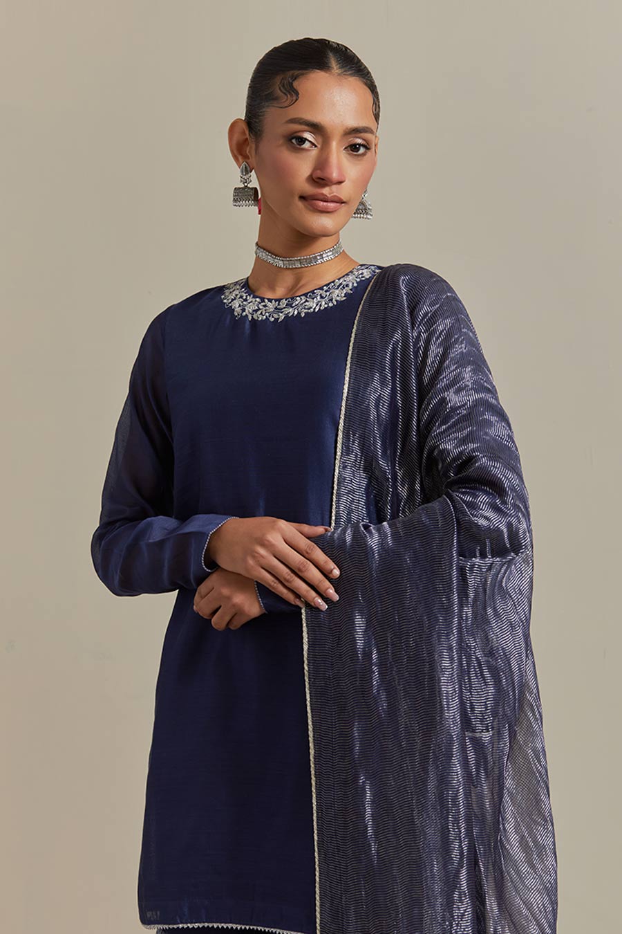 Blue Embroidered Chanderi Gharara Set (Set Of 3)
