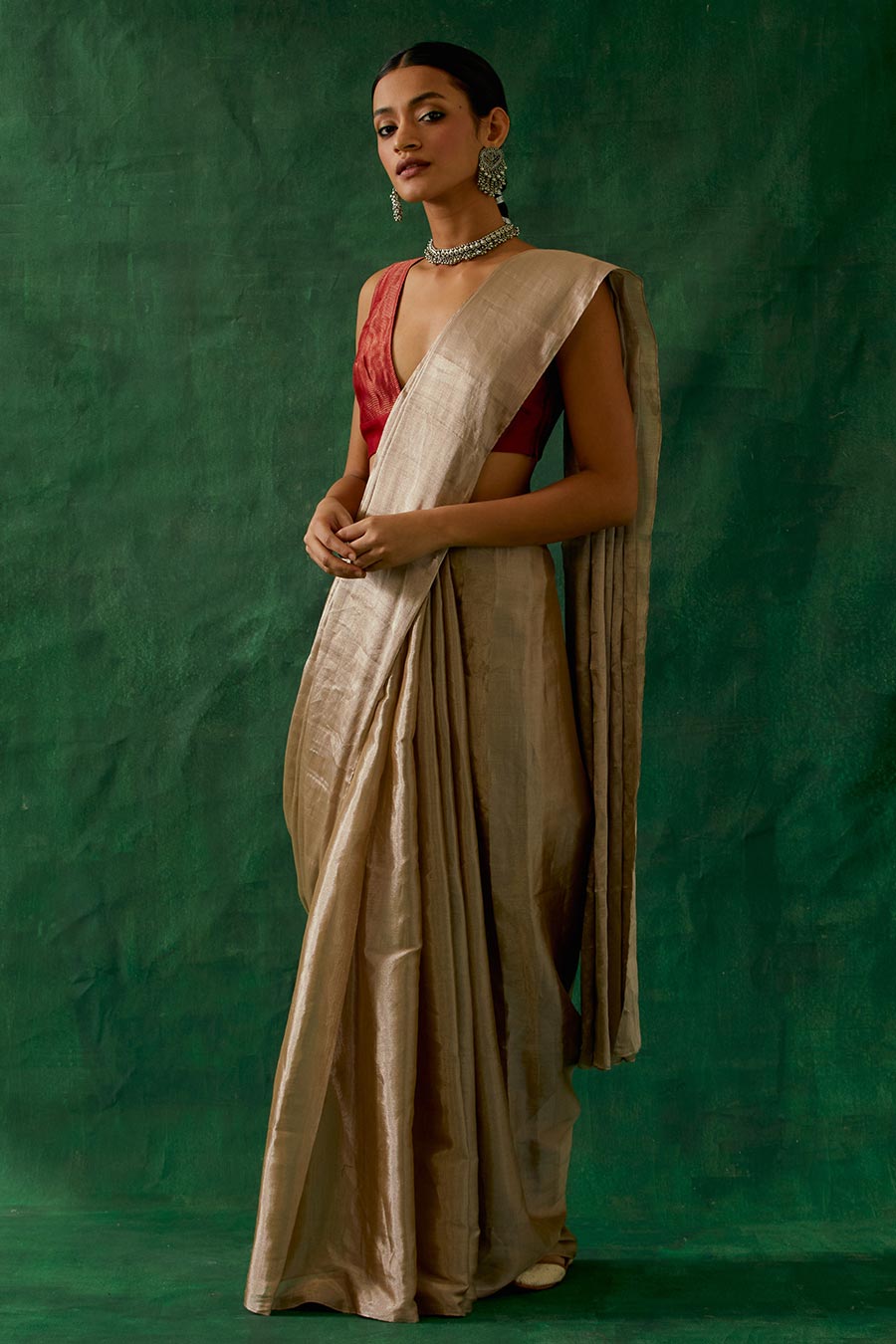 Beige Gold Handcrafted Zari Silk Saree Set (Set Of 2)