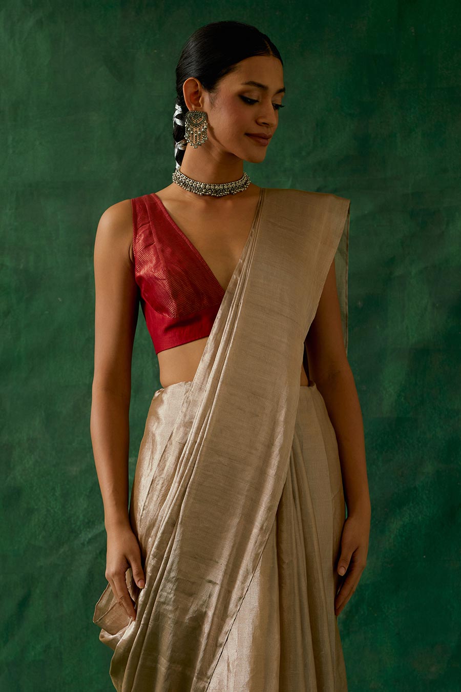 Beige Gold Handcrafted Zari Silk Saree Set (Set Of 2)