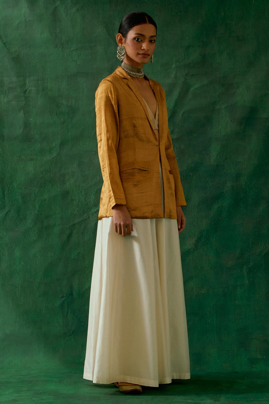 Gold Zari Silk Jacket, Crop Top & Flared Palazzo Co-Ord Set (Set Of 3)