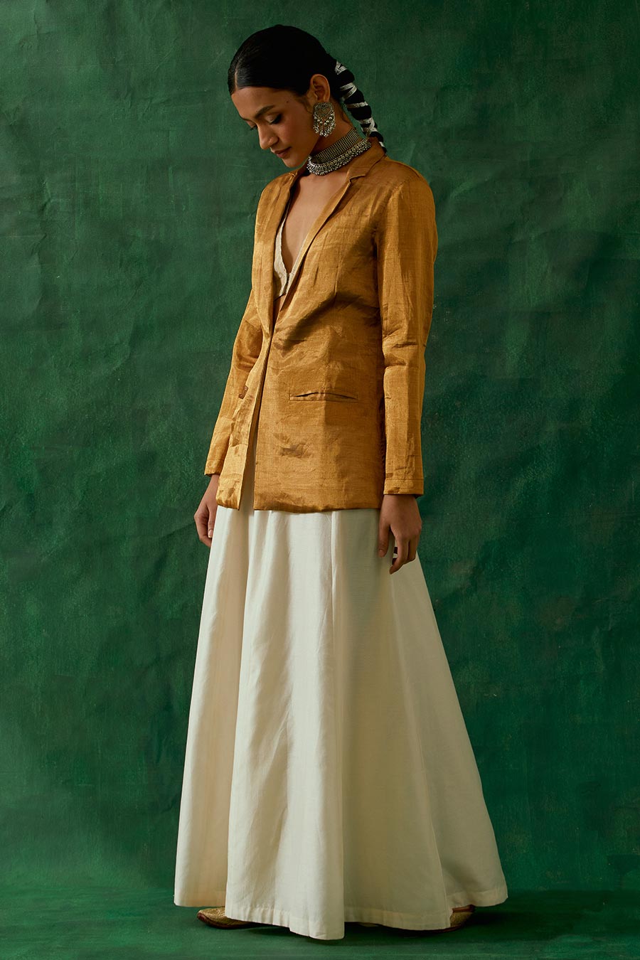 Gold Zari Silk Jacket, Crop Top & Flared Palazzo Co-Ord Set (Set Of 3)