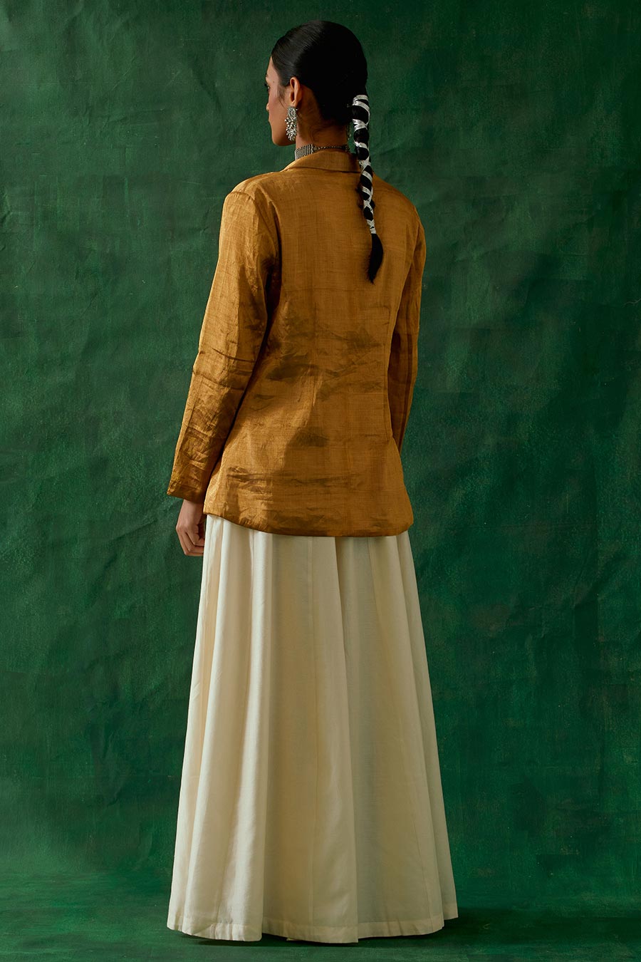 Gold Zari Silk Jacket, Crop Top & Flared Palazzo Co-Ord Set (Set Of 3)