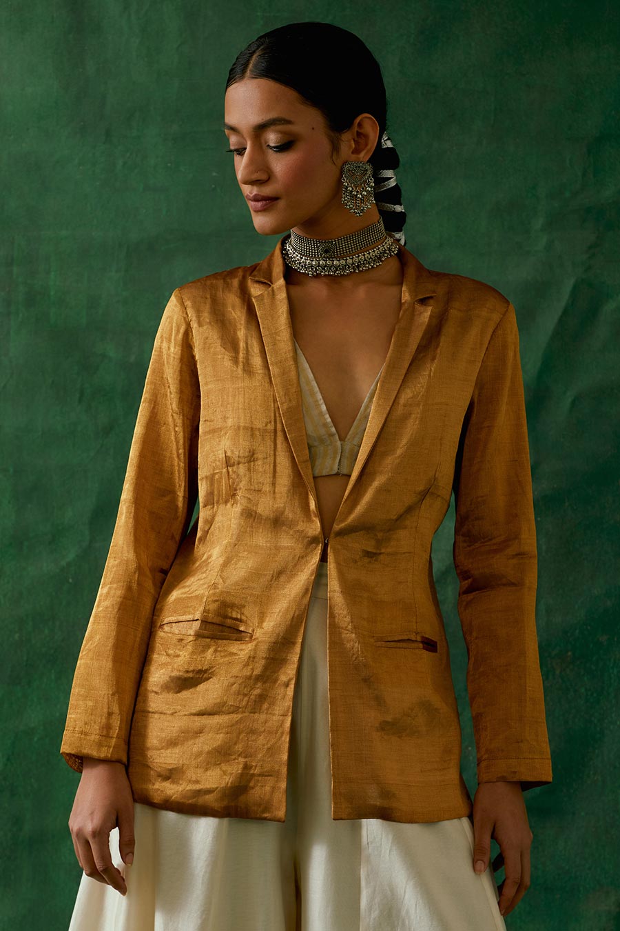 Gold Zari Silk Jacket, Crop Top & Flared Palazzo Co-Ord Set (Set Of 3)