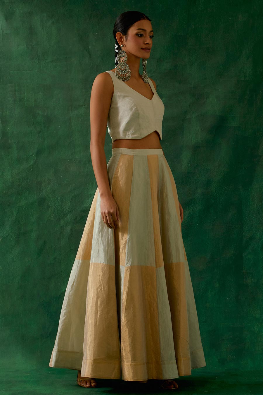 Gold & Silver Waistcoat Top & Kalidar Skirt Set (Set Of 2)