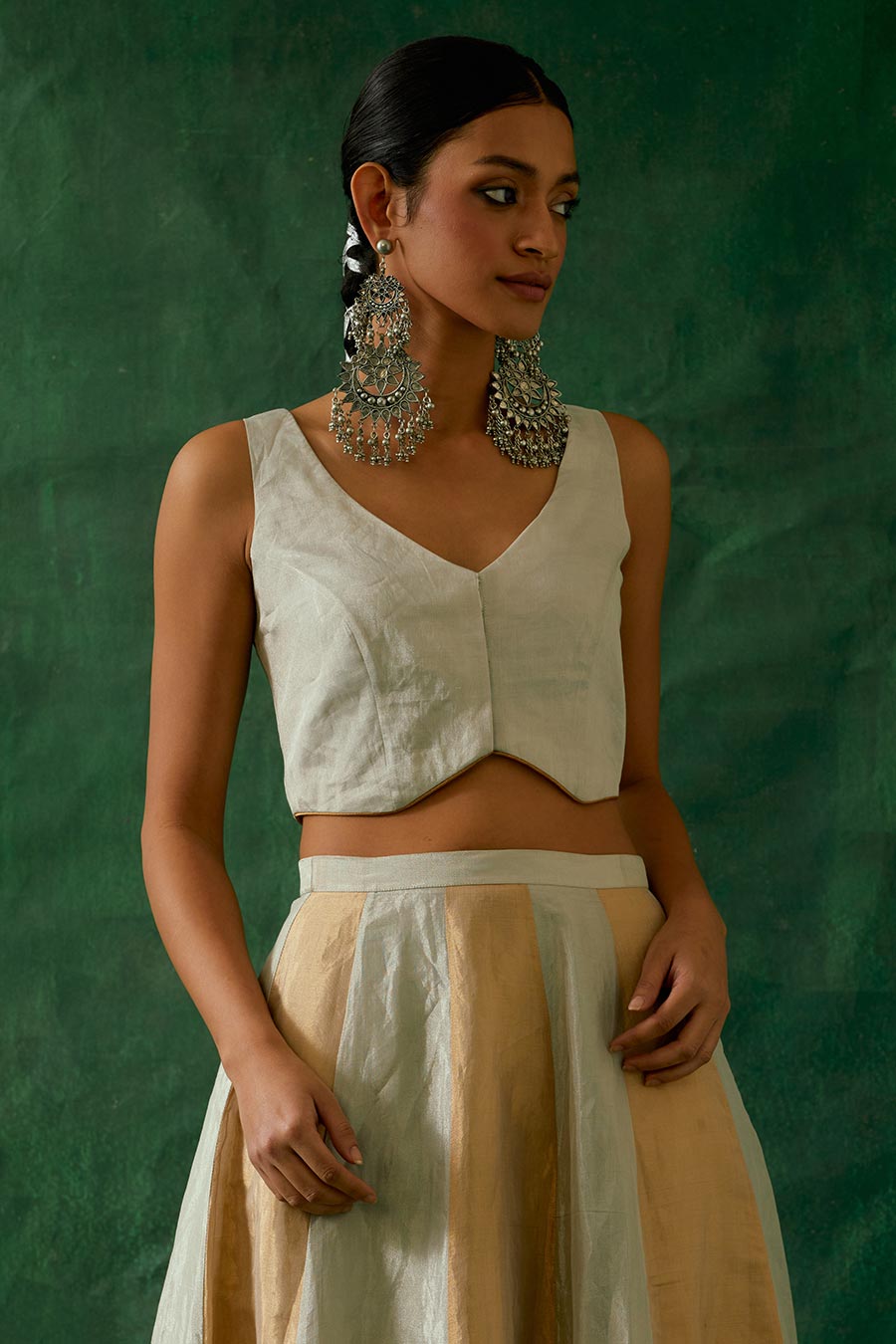 Gold & Silver Waistcoat Top & Kalidar Skirt Set (Set Of 2)