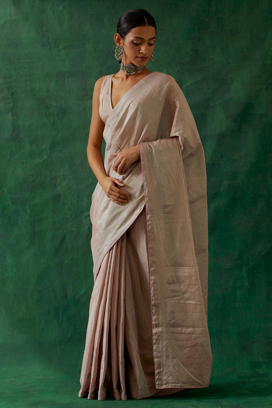 Pink Handcrafted Zari Silk Saree Set (Set Of 2)