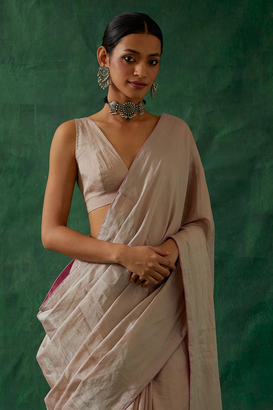 Pink Handcrafted Zari Silk Saree Set (Set Of 2)