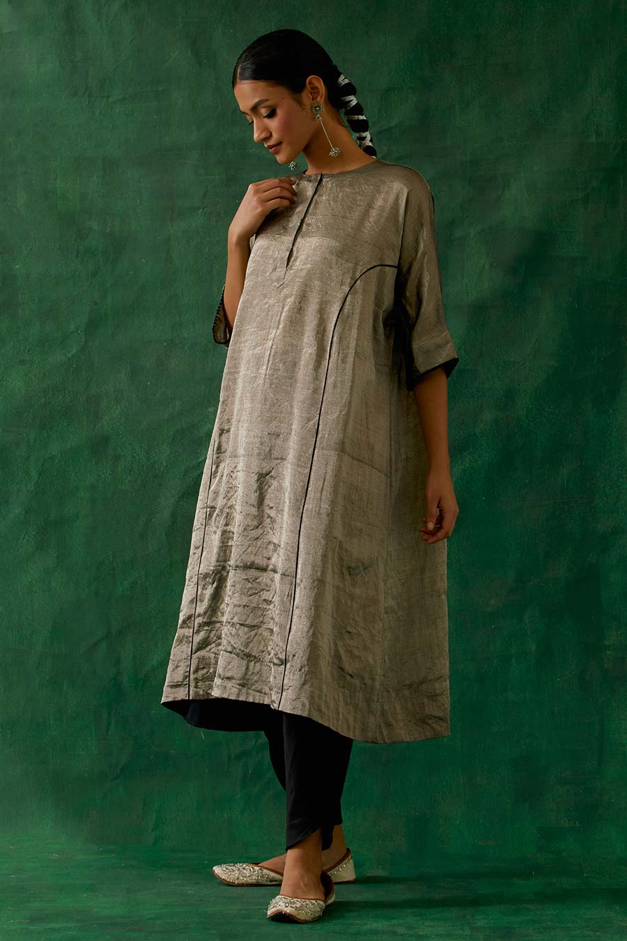Silver Black Kaftan Kurta & Black Dhoti Salwar Set (Set Of 2)