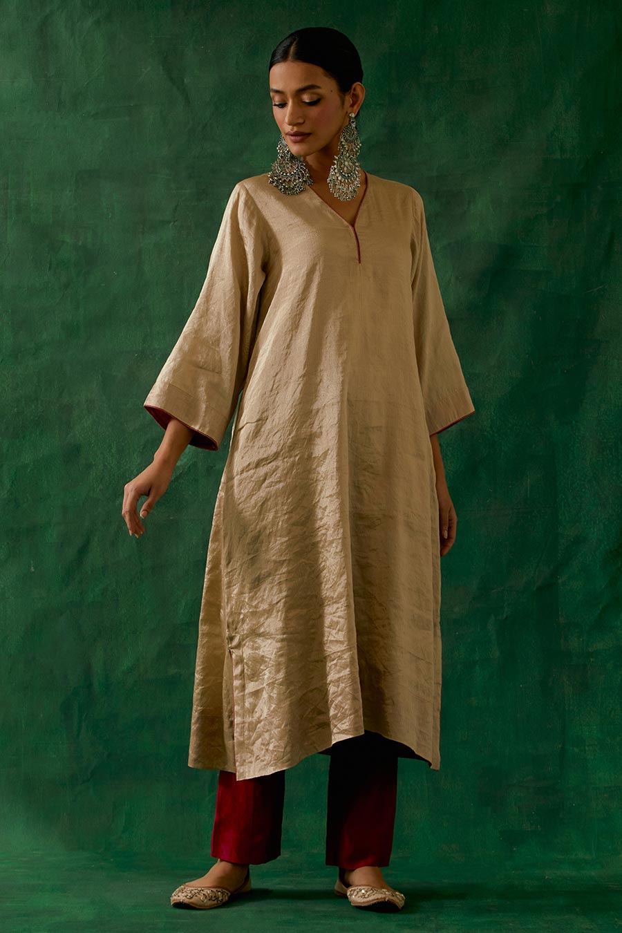 Beige Gold Kaftan Kurta & Red Chanderi Pant Set (Set Of 2)