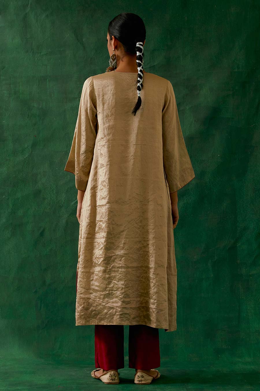 Beige Gold Kaftan Kurta & Red Chanderi Pant Set (Set Of 2)