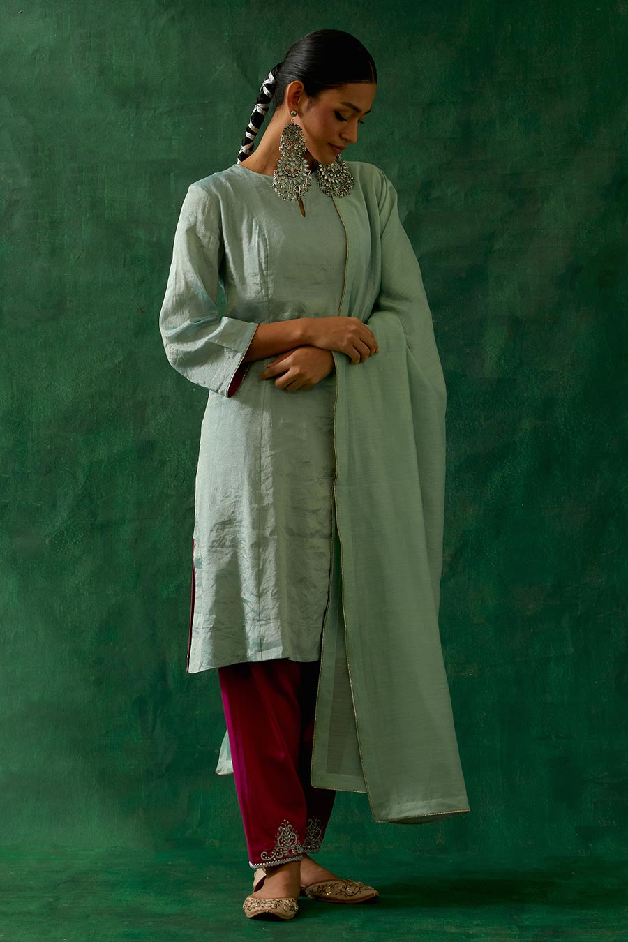 Mint & Pink Panelled A-Line Zari Silk Kurta Set (Set Of 3)