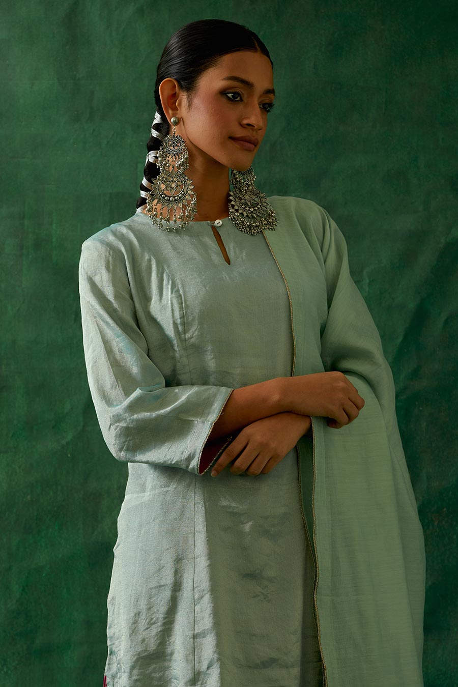 Mint & Pink Panelled A-Line Zari Silk Kurta Set (Set Of 3)