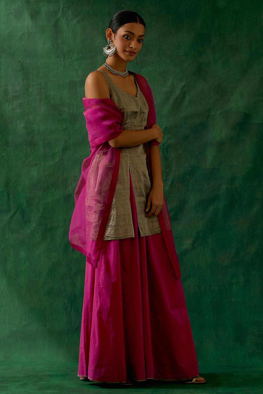 Silver Black & Pink Zari Silk Sharara Set (Set Of 3)