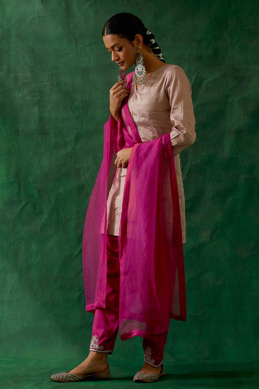 Pink Zari Silk Short Kurta With Embroidered Salwar & Dupatta Set (Set Of 3)