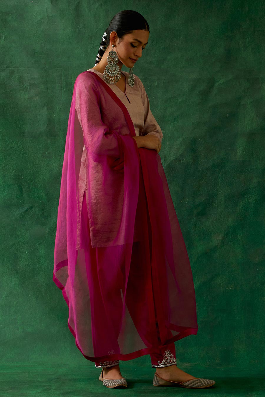 Pink Zari Silk Short Kurta With Embroidered Salwar & Dupatta Set (Set Of 3)