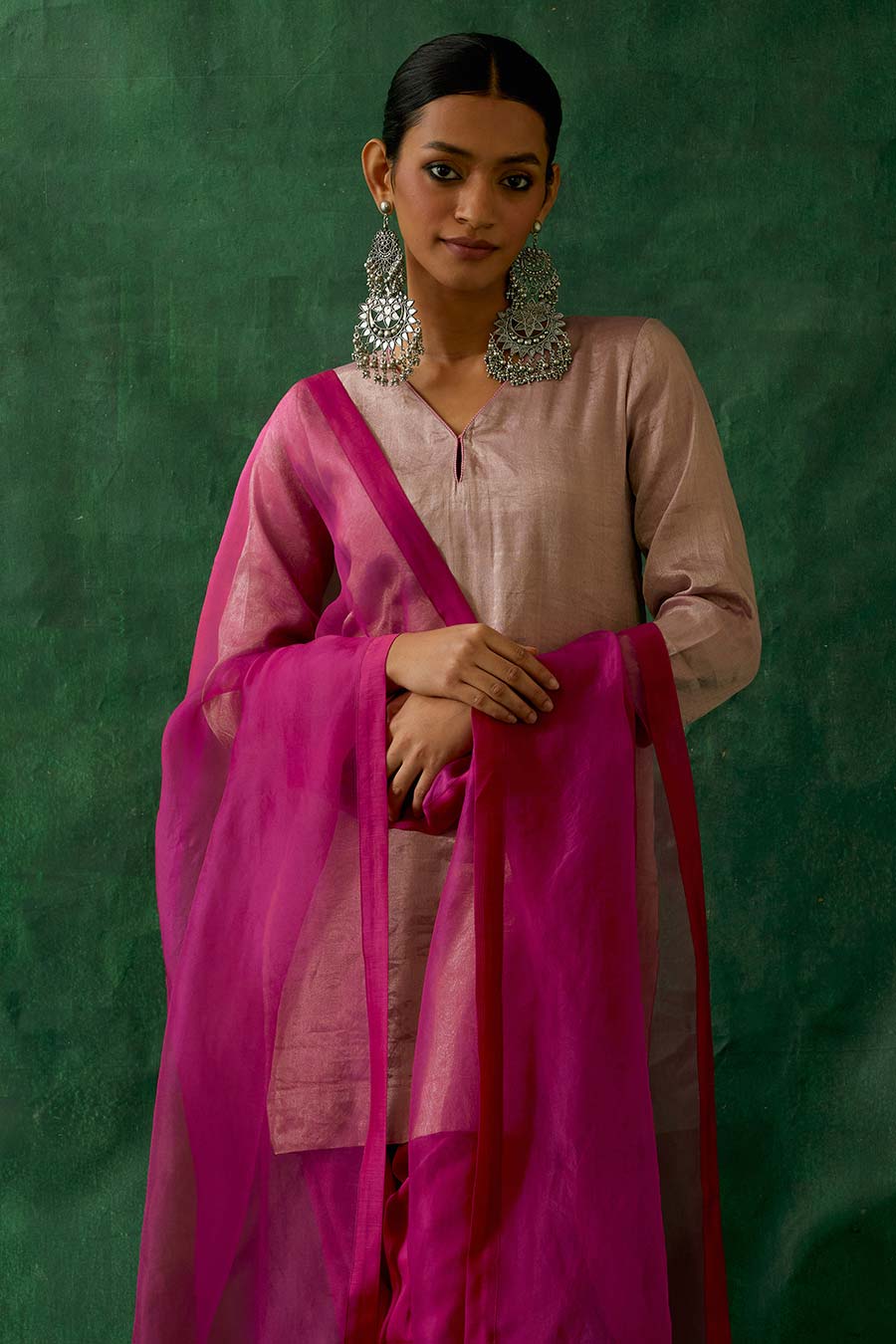 Pink Zari Silk Short Kurta With Embroidered Salwar & Dupatta Set (Set Of 3)