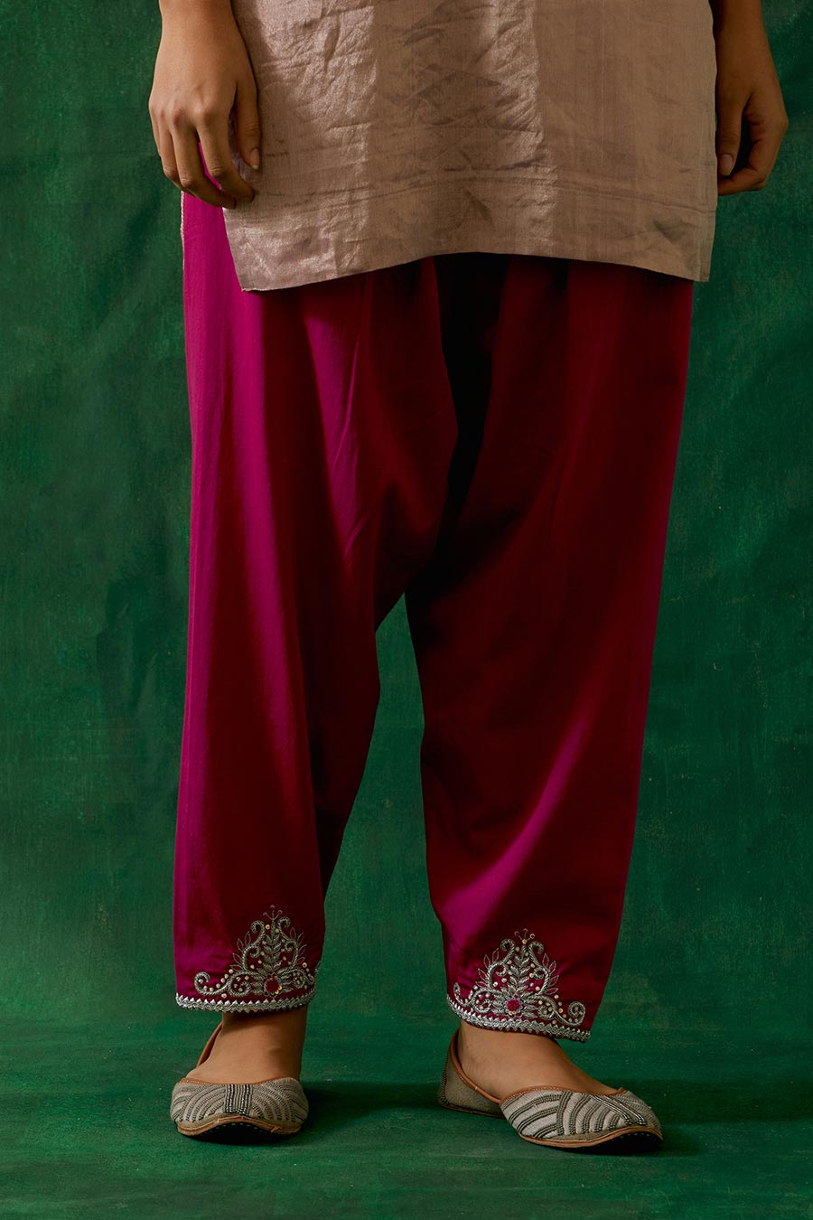 Pink Zari Silk Short Kurta With Embroidered Salwar & Dupatta Set (Set Of 3)