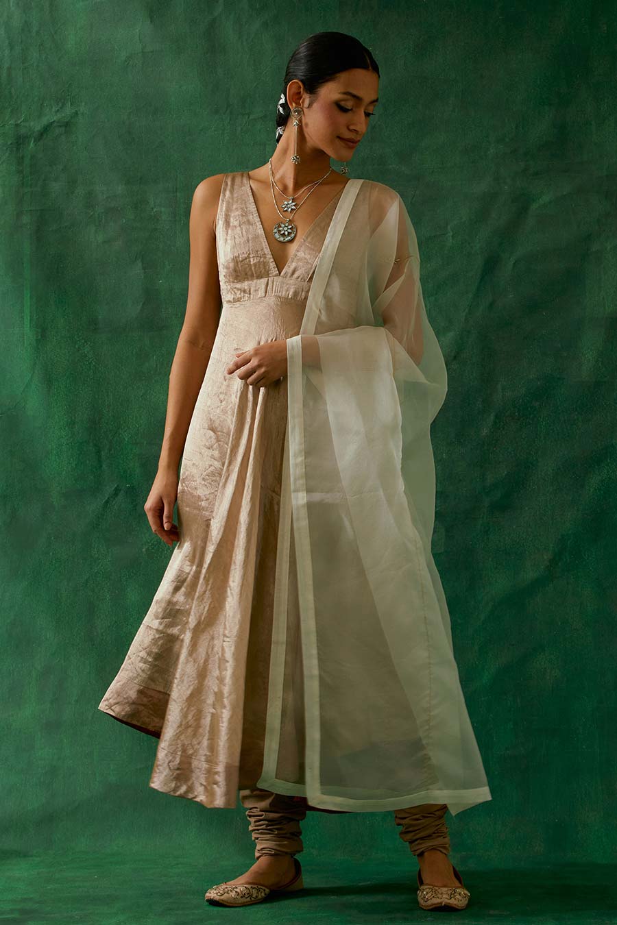 Beige Gold & Off-White Zari Silk Anarkali Set (Set Of 3)