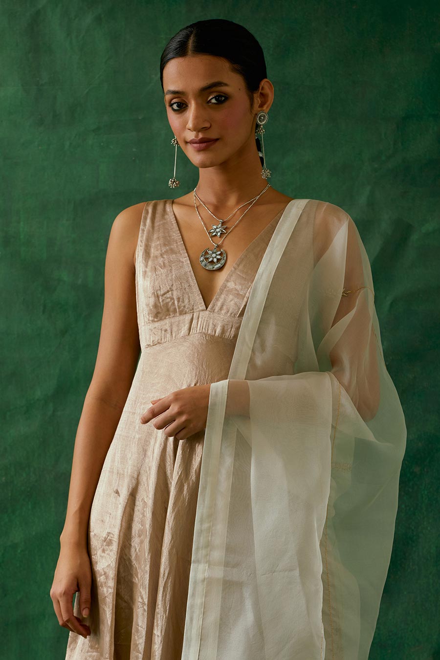 Beige Gold & Off-White Zari Silk Anarkali Set (Set Of 3)