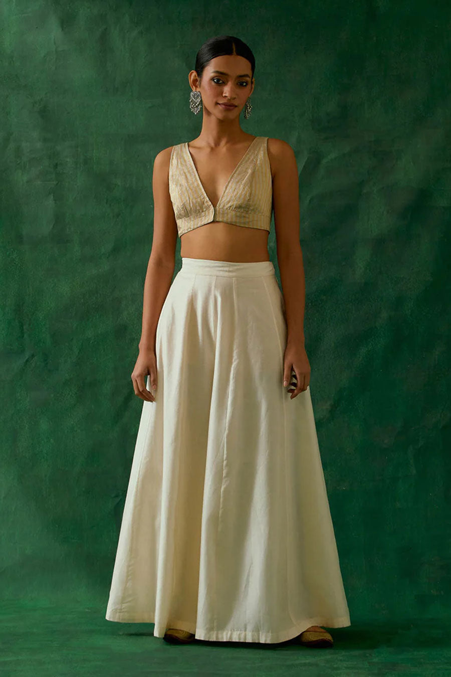 Gold Zari Silk Jacket, Crop Top & Flared Palazzo Co-Ord Set (Set Of 3)