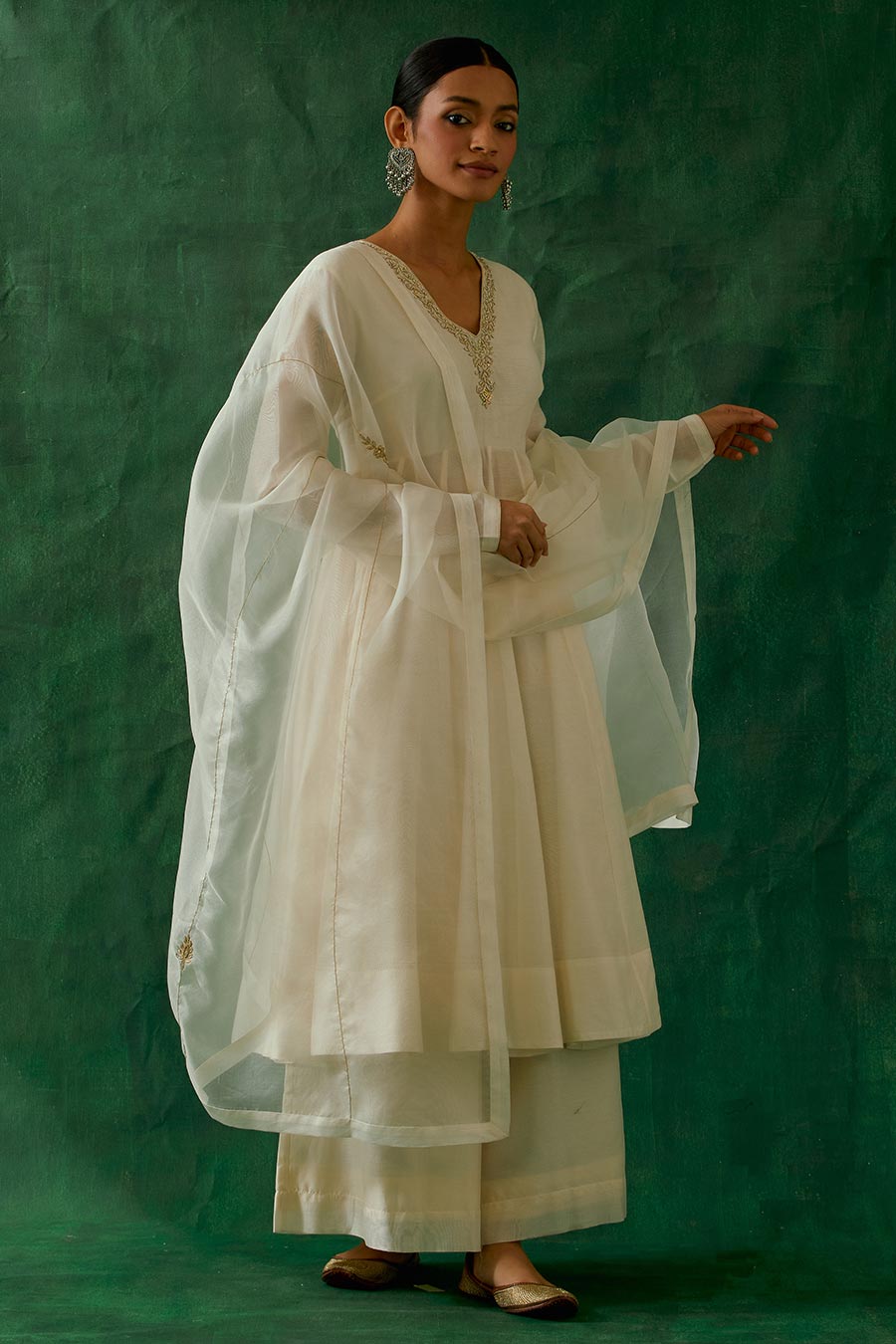 Off-White Embroidered Chanderi Handloom Anarkali Set (Set Of 3)