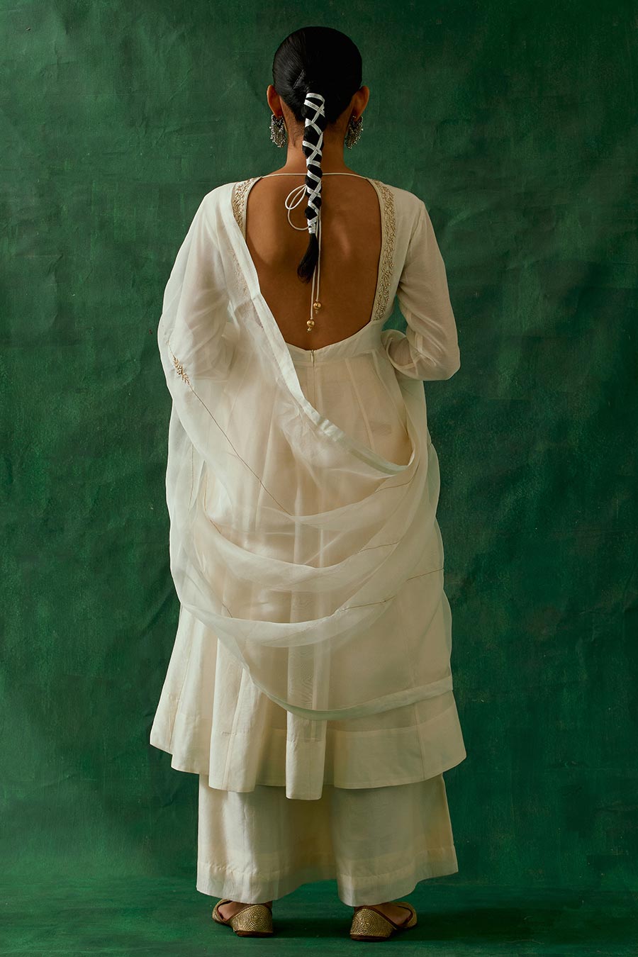 Off-White Embroidered Chanderi Handloom Anarkali Set (Set Of 3)