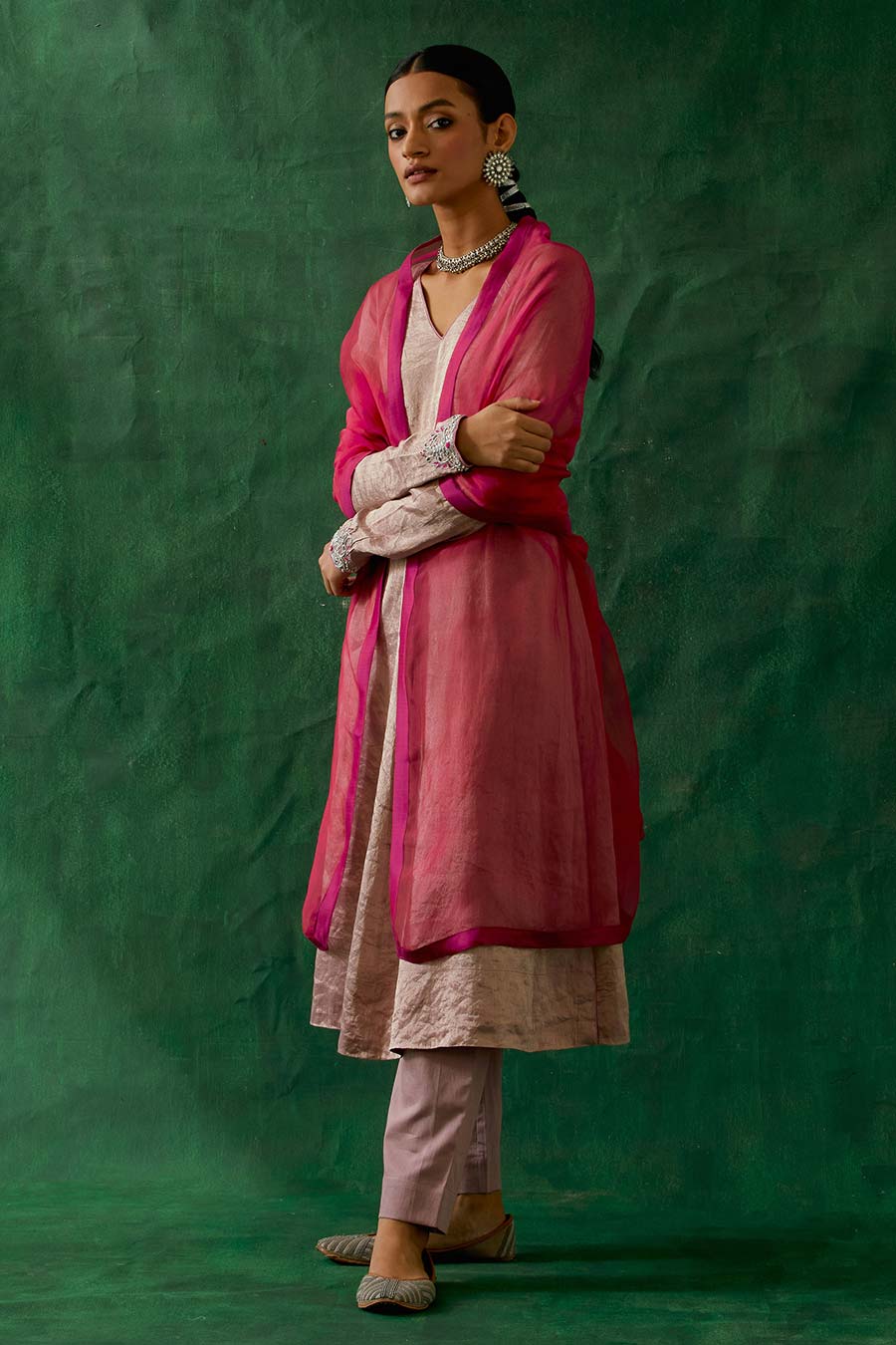 Pink Embroidered Zari Silk Anarkali Set (Set Of 3)