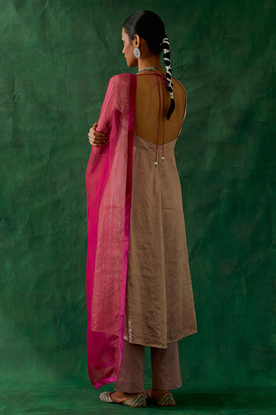 Pink Embroidered Zari Silk Anarkali Set (Set Of 3)