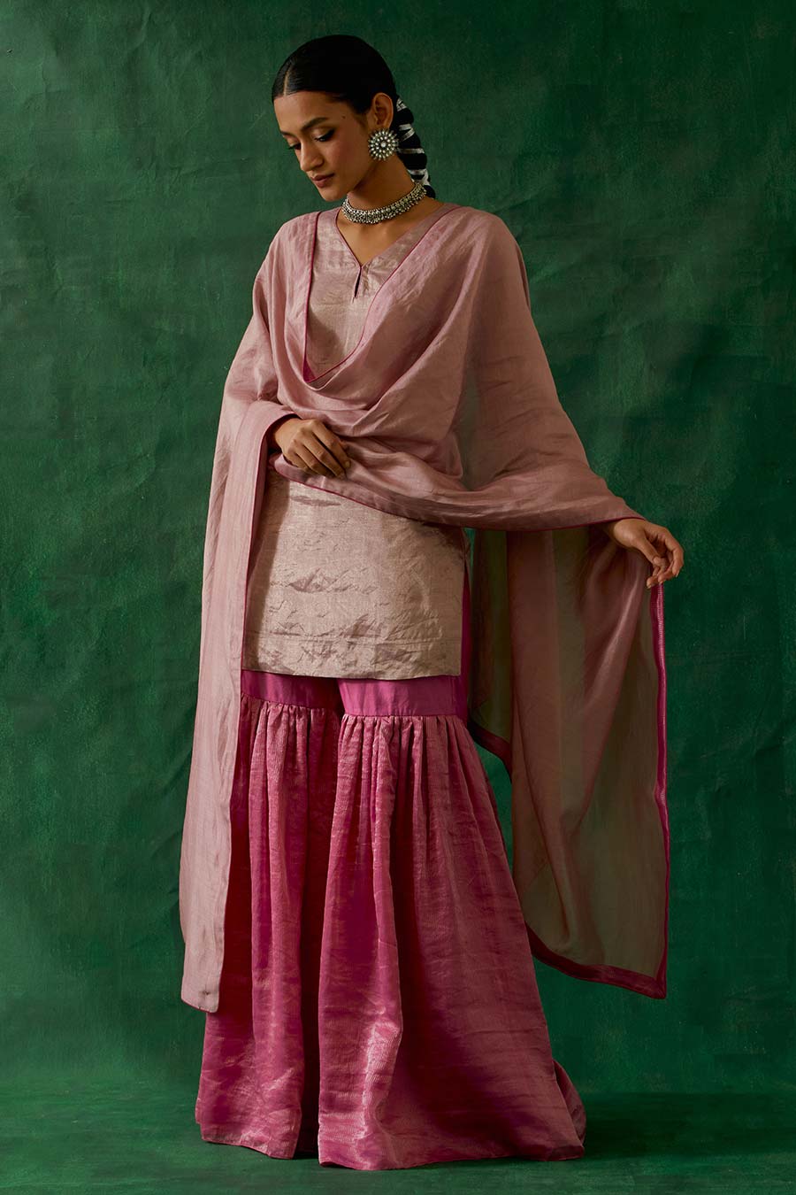 Pink Zari Silk Short Kurta With Chanderi Gharara & Dupatta Set (Set Of 3)