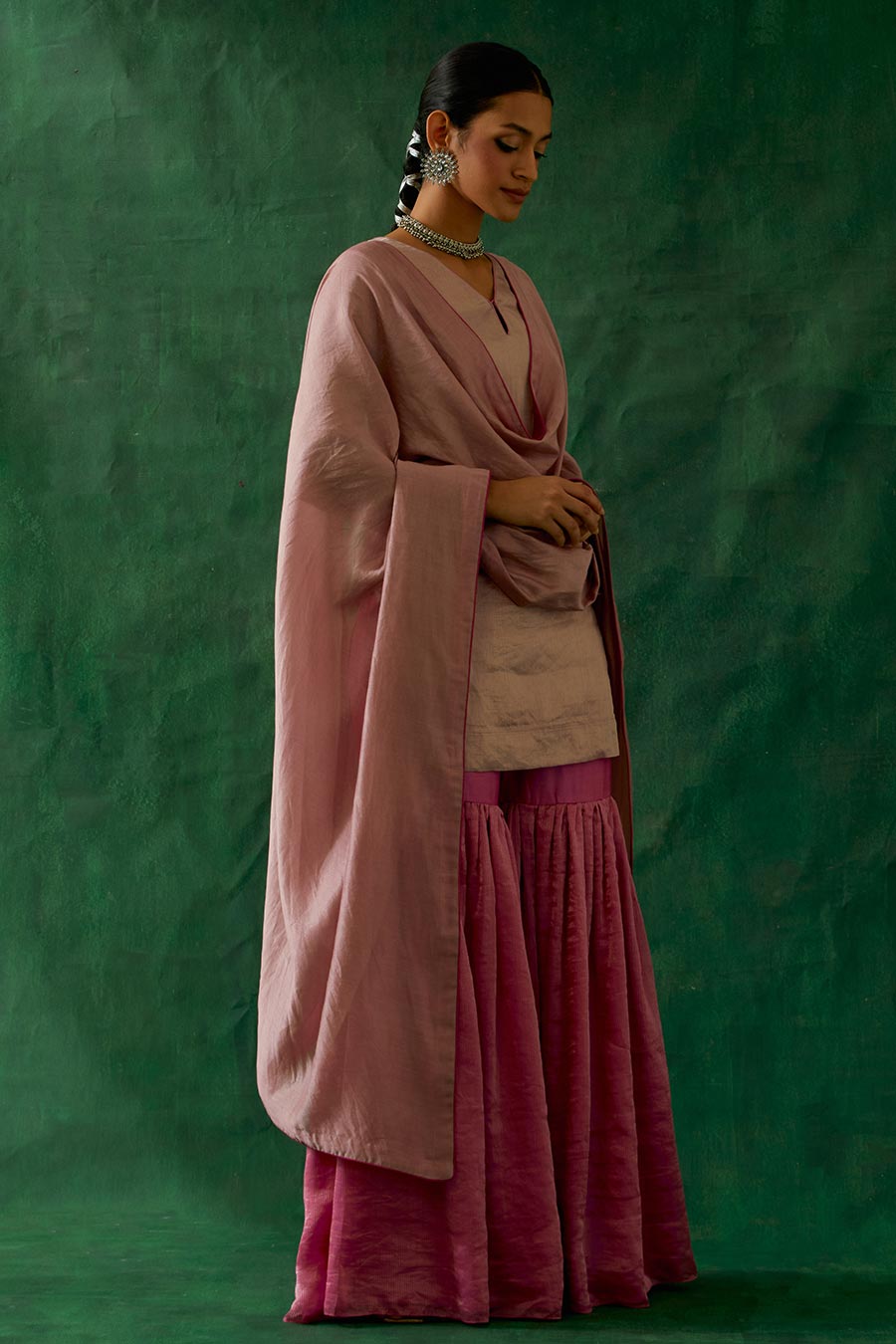 Pink Zari Silk Short Kurta With Chanderi Gharara & Dupatta Set (Set Of 3)